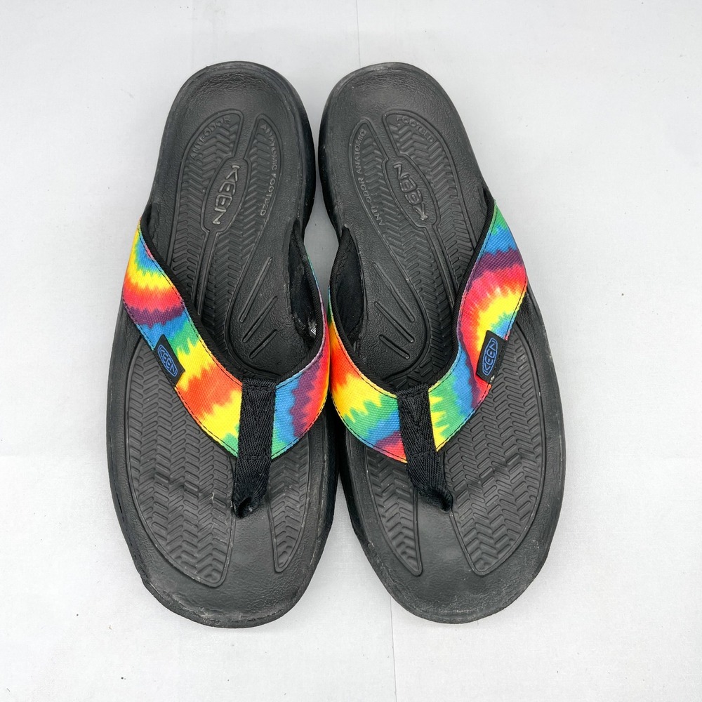 KEEN Mens 9 Kona Flip Flops Sandals Shoes Rainbow Tie Dye Black Beach Pool Thong
